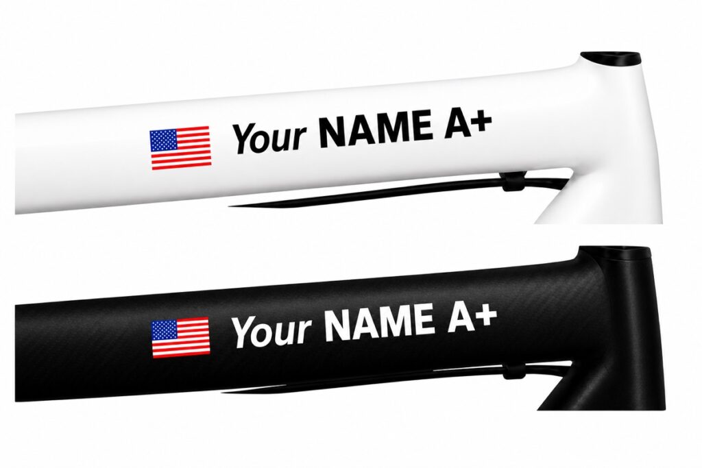 Pegatin PLUS individually cut name and flag stickers on white and black bike frames