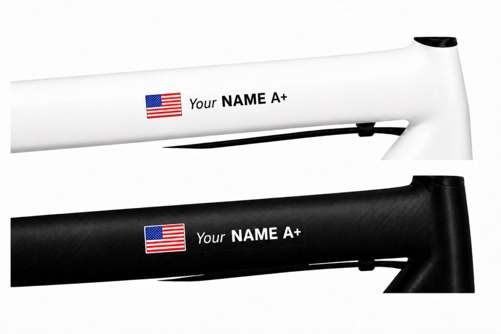 Pegatin PRO name and flag bike stickers with black and white lettering