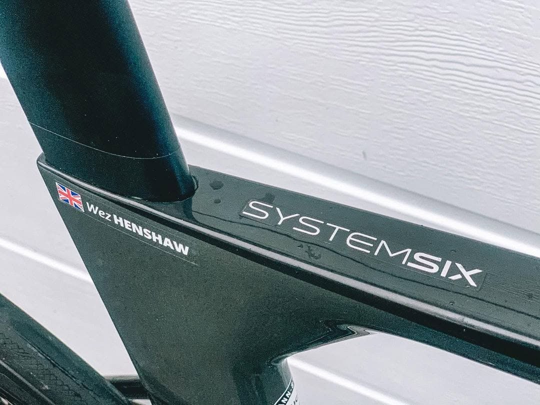 Personalised name and flag sticker applied to a bike frame