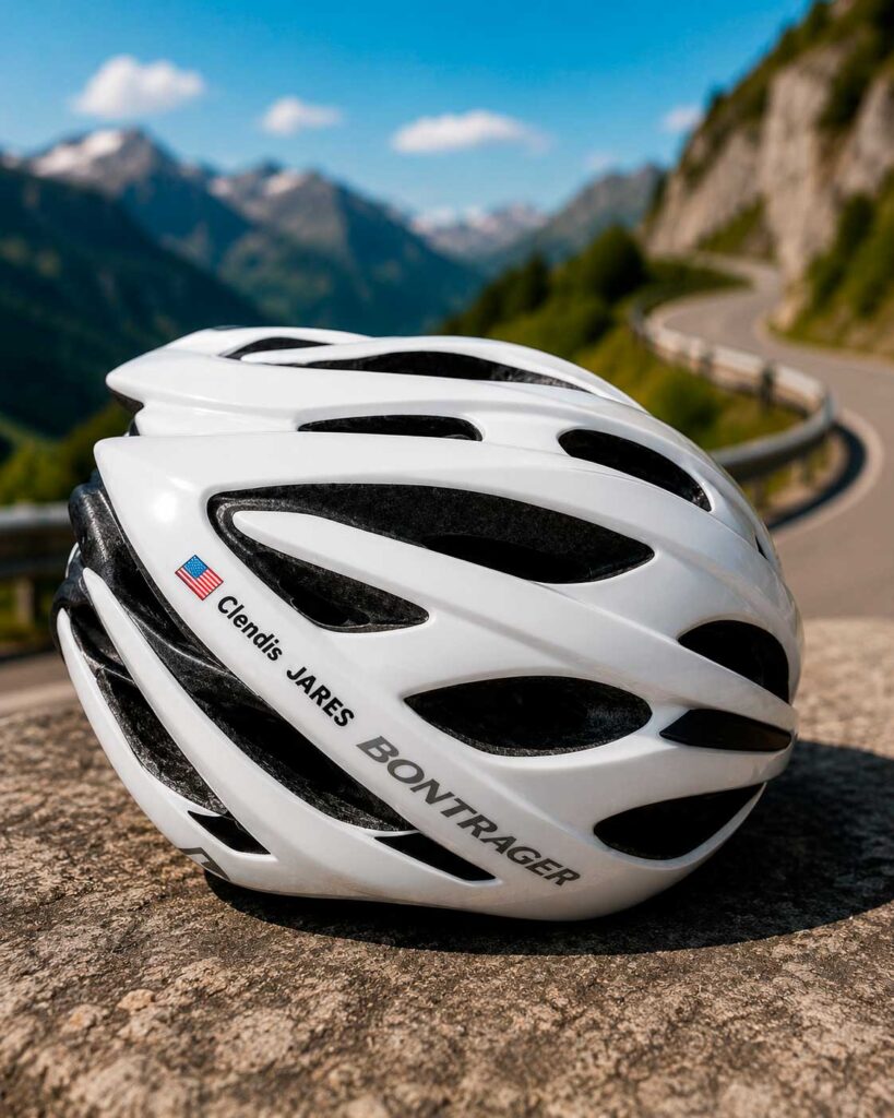 Weißer Helm mit schwarzem personalisiertem Namensaufkleber