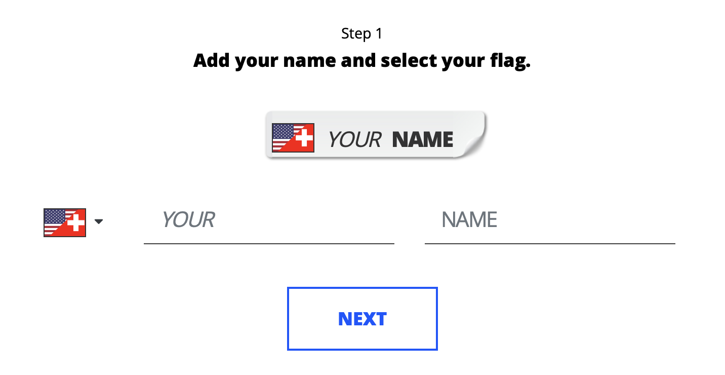 Pegatin name sticker customiser with name and flag fields