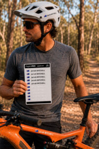 Mountain biker holding a Pegatin personalised sticker pack
