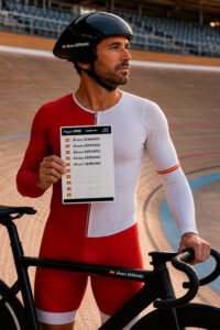 Track cyclist holding a Pegatin personalised sticker pack