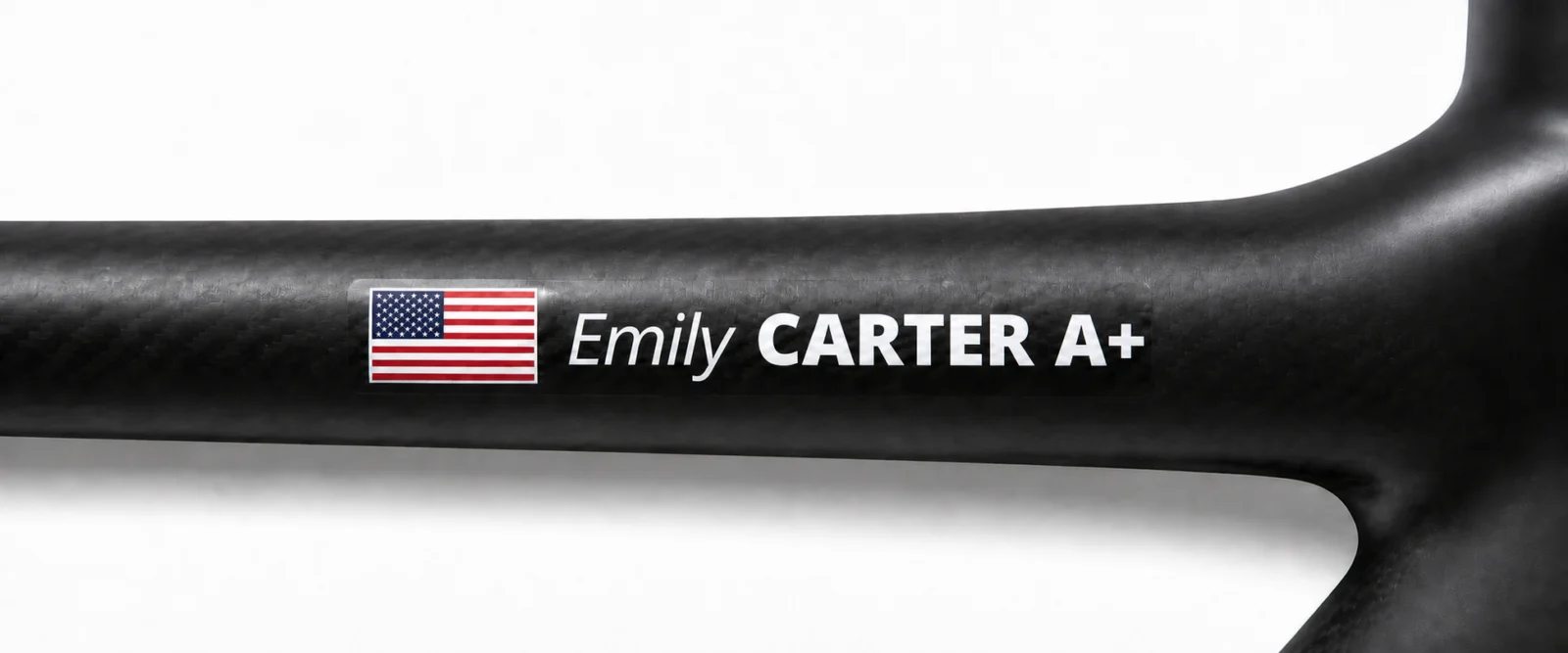 USA name and flag sticker on a carbon bicycle frame