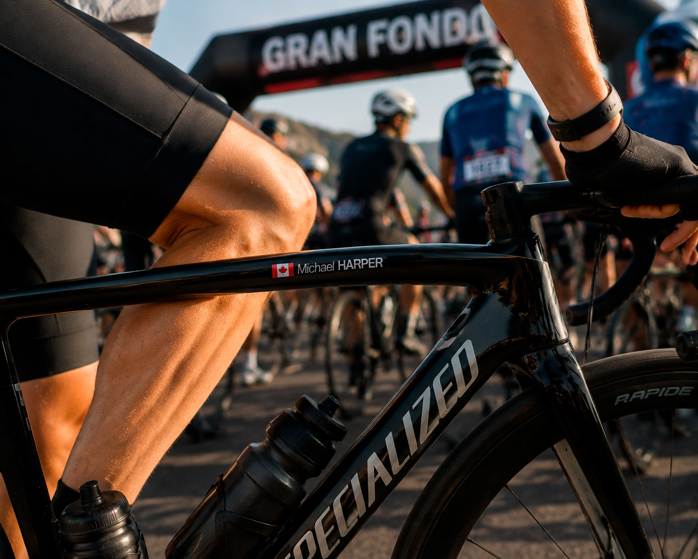 Personalised bike name sticker at a Gran Fondo event