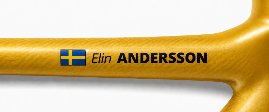 Bike name sticker with a Swedish flag
