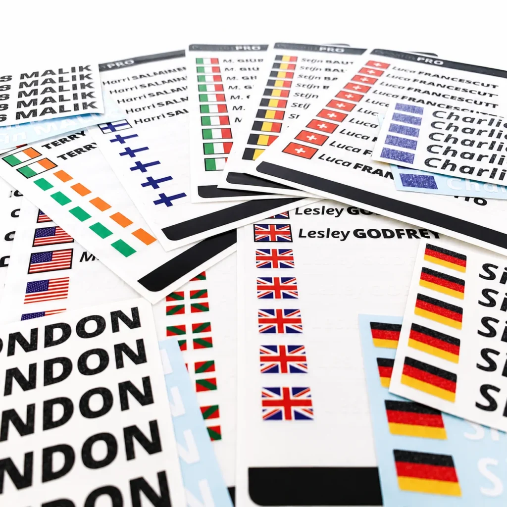 Sheets of personalised name and flag stickers