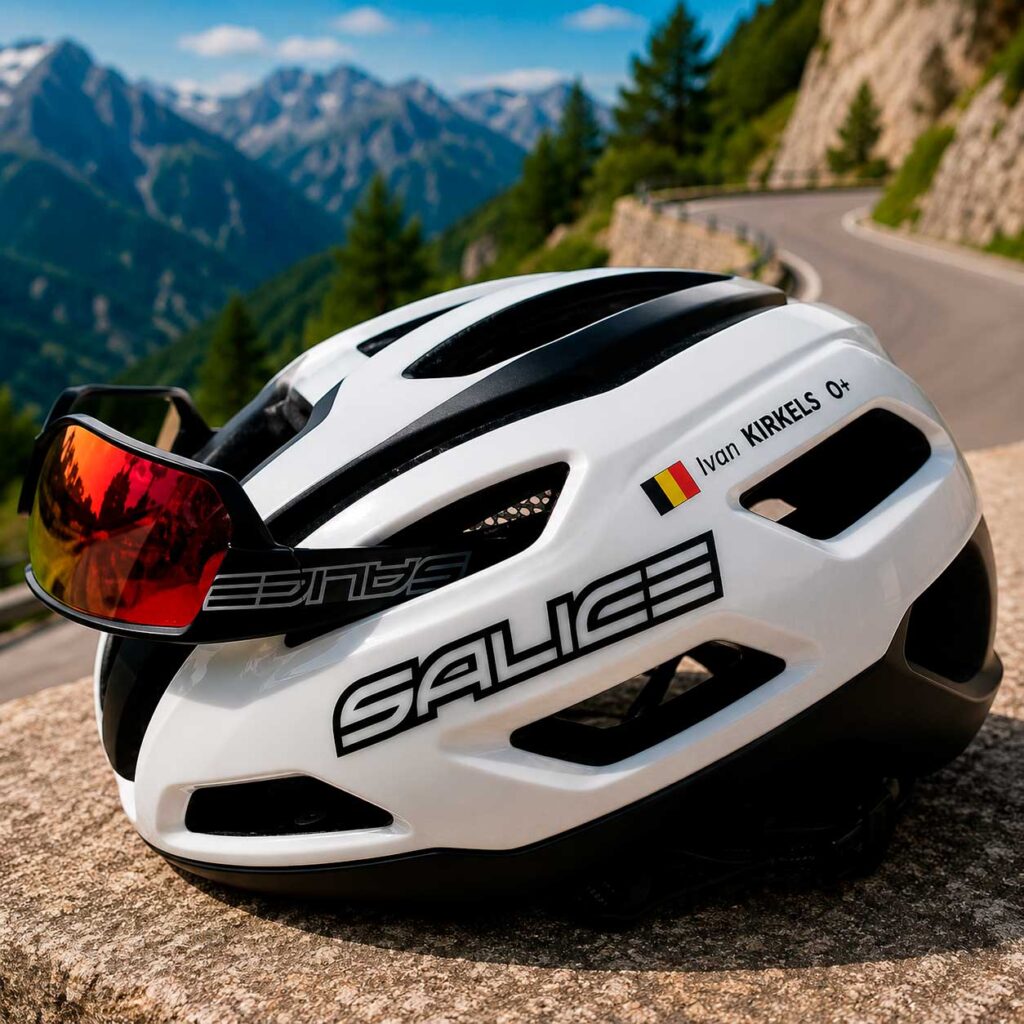 Casco blanco de ciclismo con una pegatina de nombre y bandera bien proporcionada