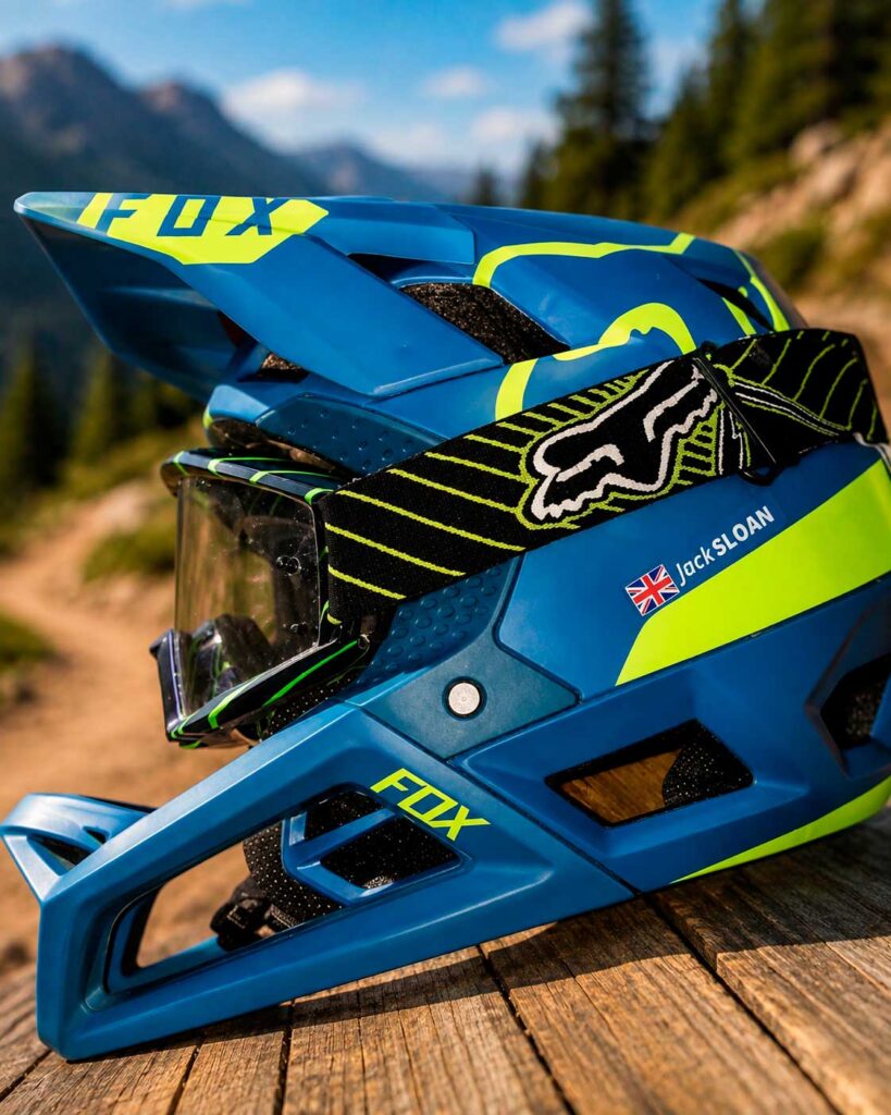 Mountain bike helmet with a personalised rider name and flag sticker