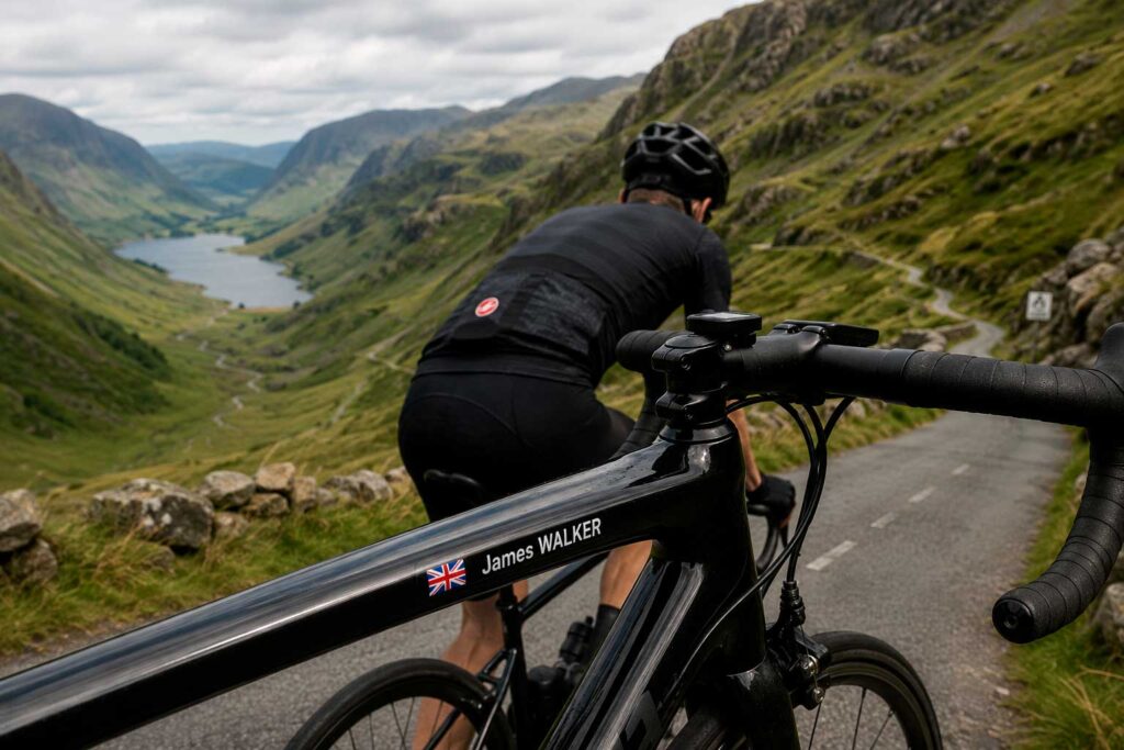 Cyclist descending a mountain road during the Fred Whitton Challenge
