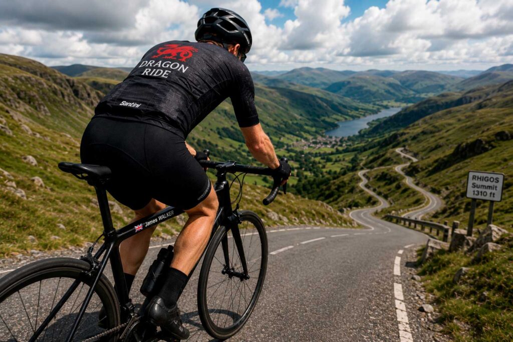 Cyclist descending through the Welsh mountains on the Dragon Ride route
