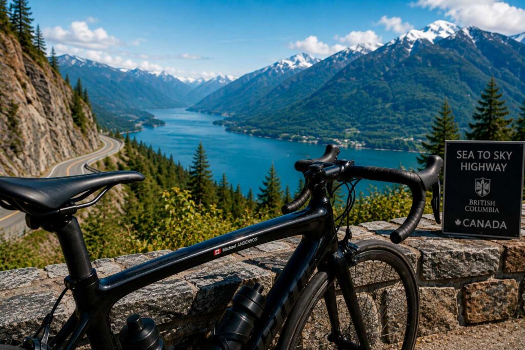 Road bike overlooking a Canadian mountain lake