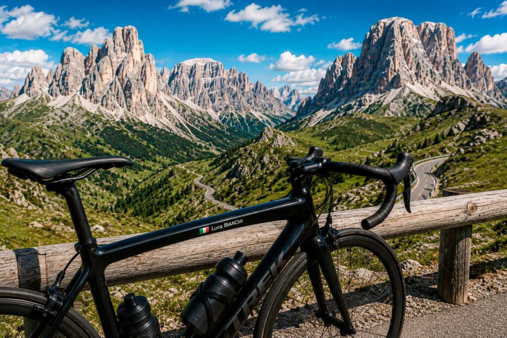 Road bike overlooking the Dolomites cycling route