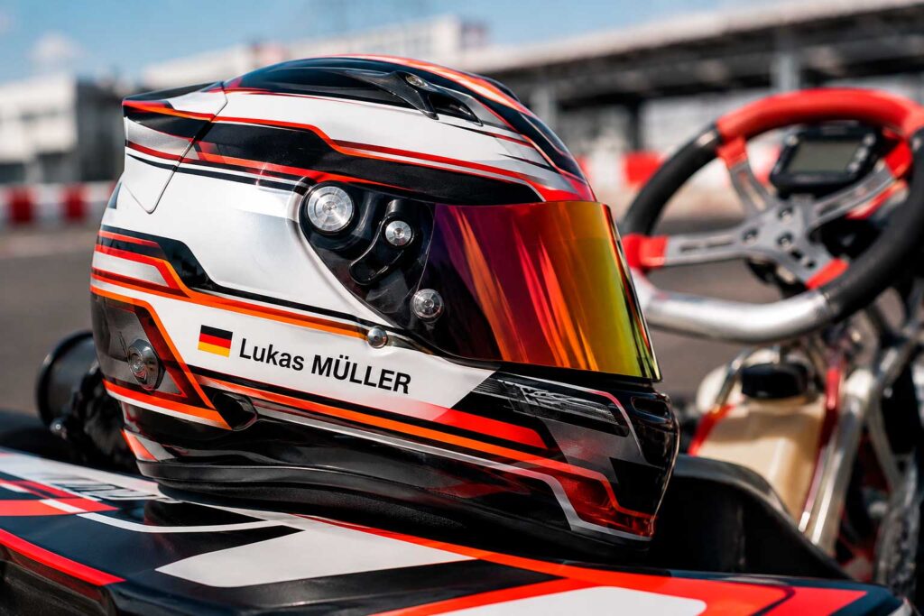 Karting helmet with a personalised name sticker