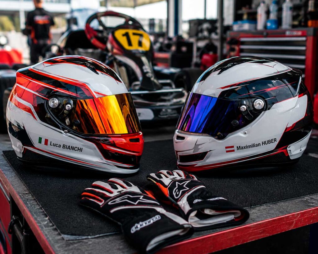 Personalised karting helmets and racing gloves