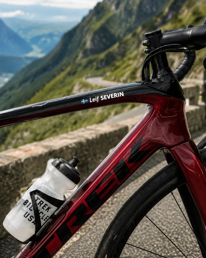 Personalised name sticker on a red road bike in the mountains