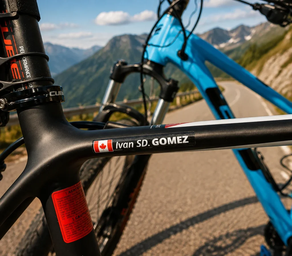 Personalised name and flag sticker on a black road bike