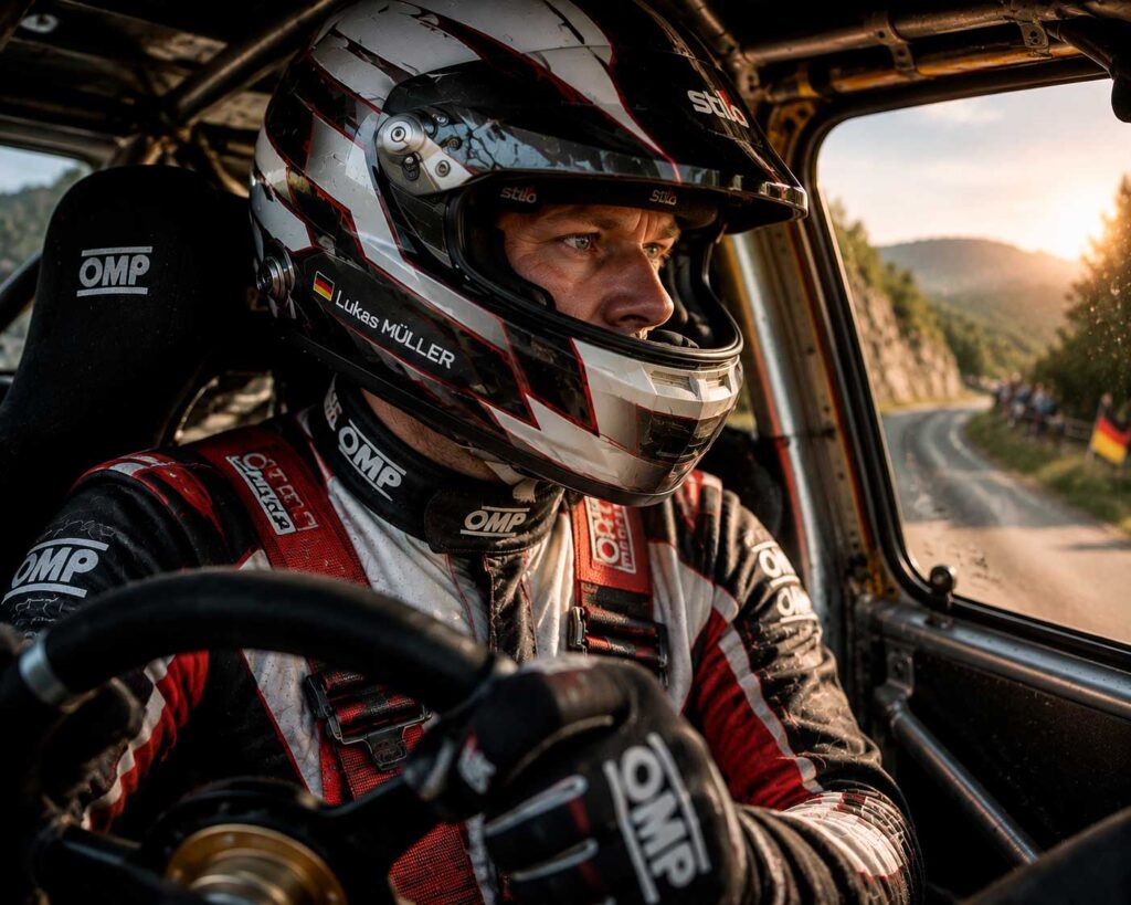 Motorsport driver wearing a personalised racing helmet