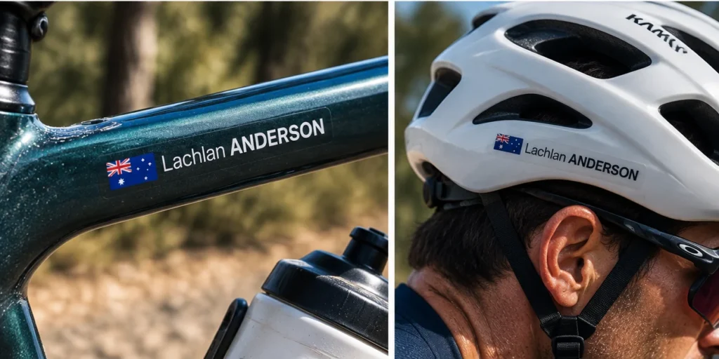 Personalised name sticker on a bike and cycling helmet