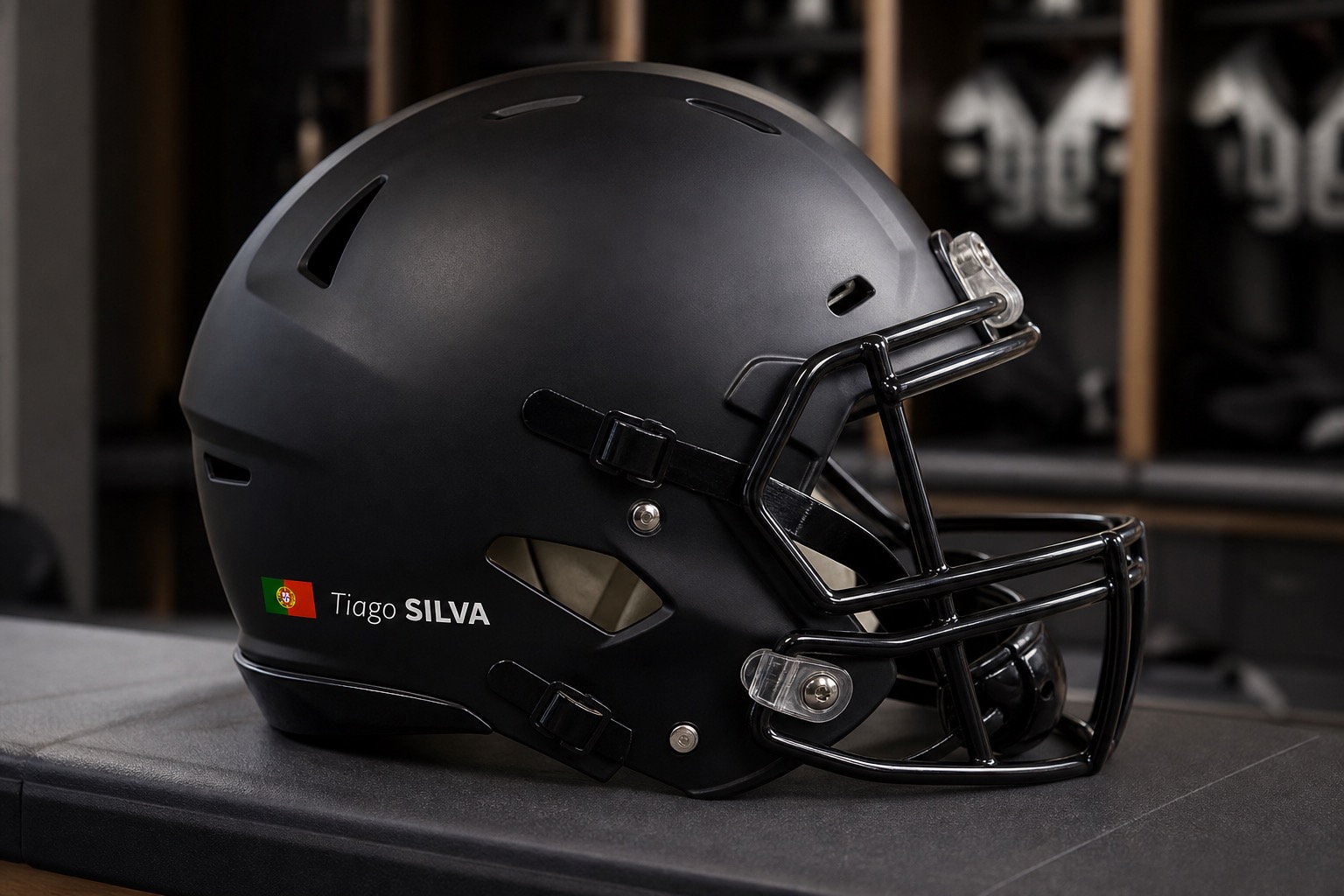 American football helmet name stickers with Portugal flag and Tiago SILVA on a black helmet
