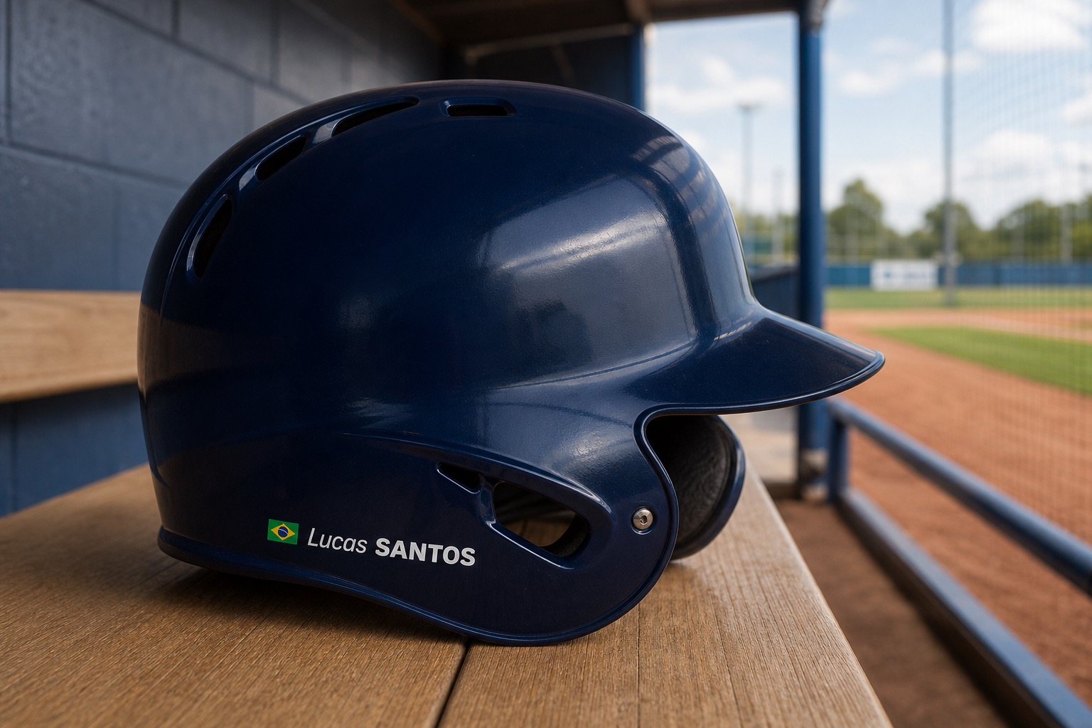 Baseball helmet name stickers with Brazil flag and Lucas SANTOS on a navy batting helmet
