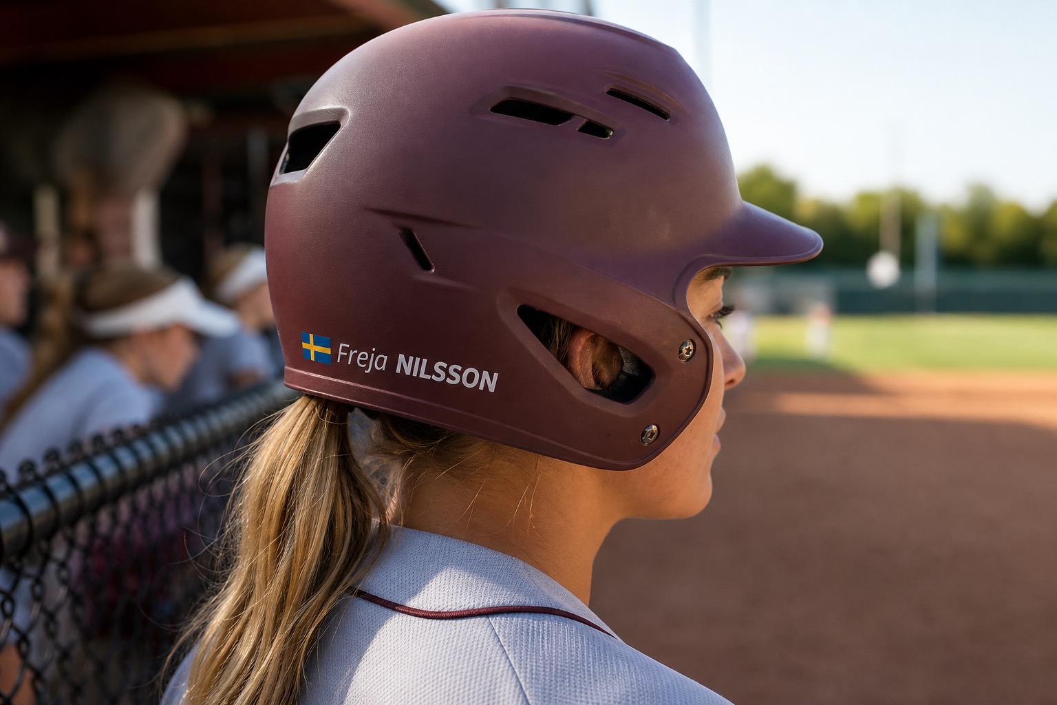 Baseball helmet name sticker with Sweden flag and Freja NILSSON on a burgundy softball helmet