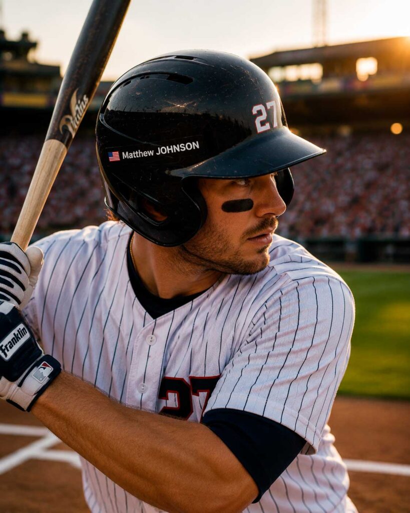 Baseball player wearing a personalised batting helmet
