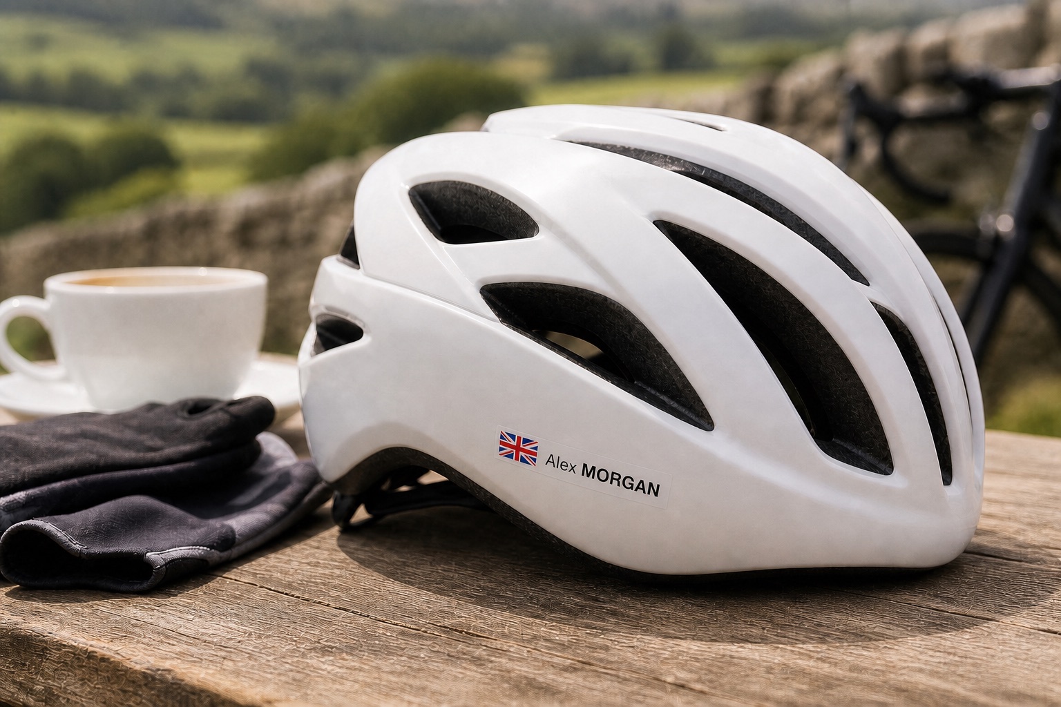 Personalised helmet name sticker with Union Jack flag and Alex Morgan name on a white cycling helmet