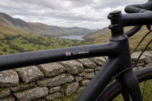 Bike name stickers UK with Union Jack flag and Alex Morgan name on a black road bike