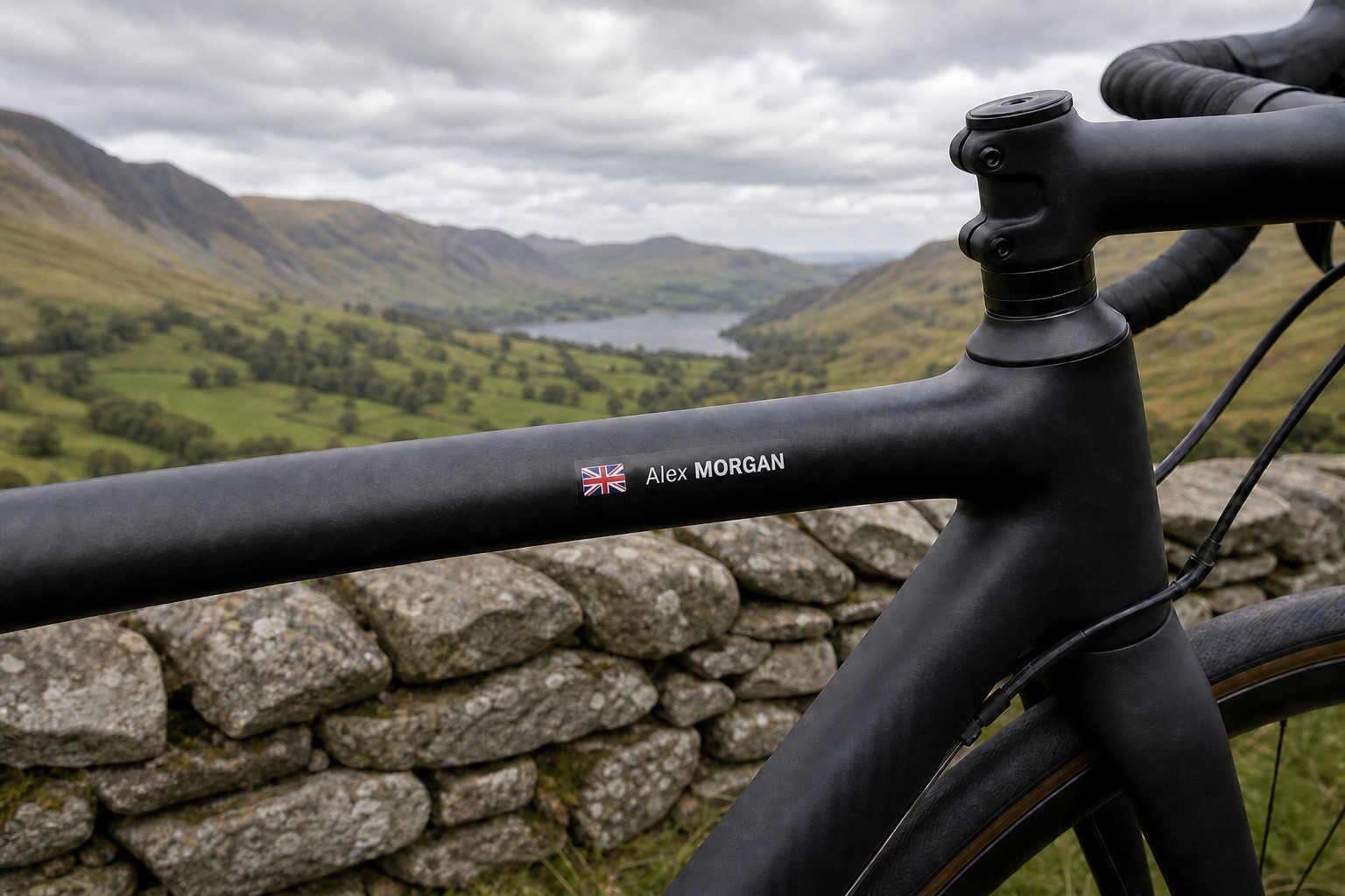 Bike name stickers UK with Union Jack flag and Alex Morgan name on a black road bike