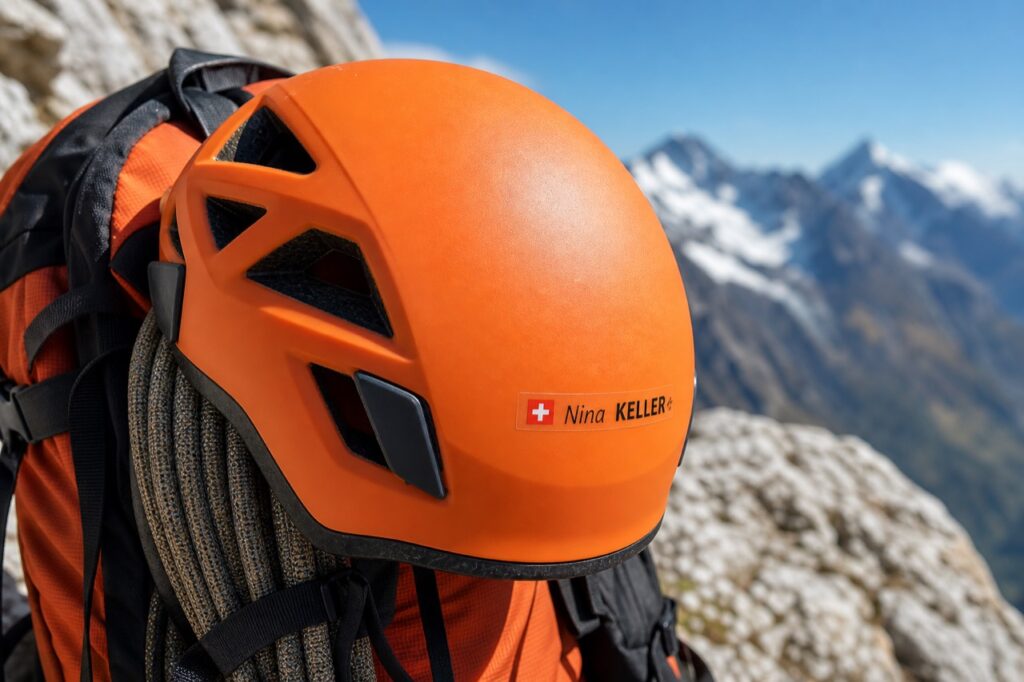 Orange climbing helmet with a personalised Nina KELLER name and Swiss flag sticker