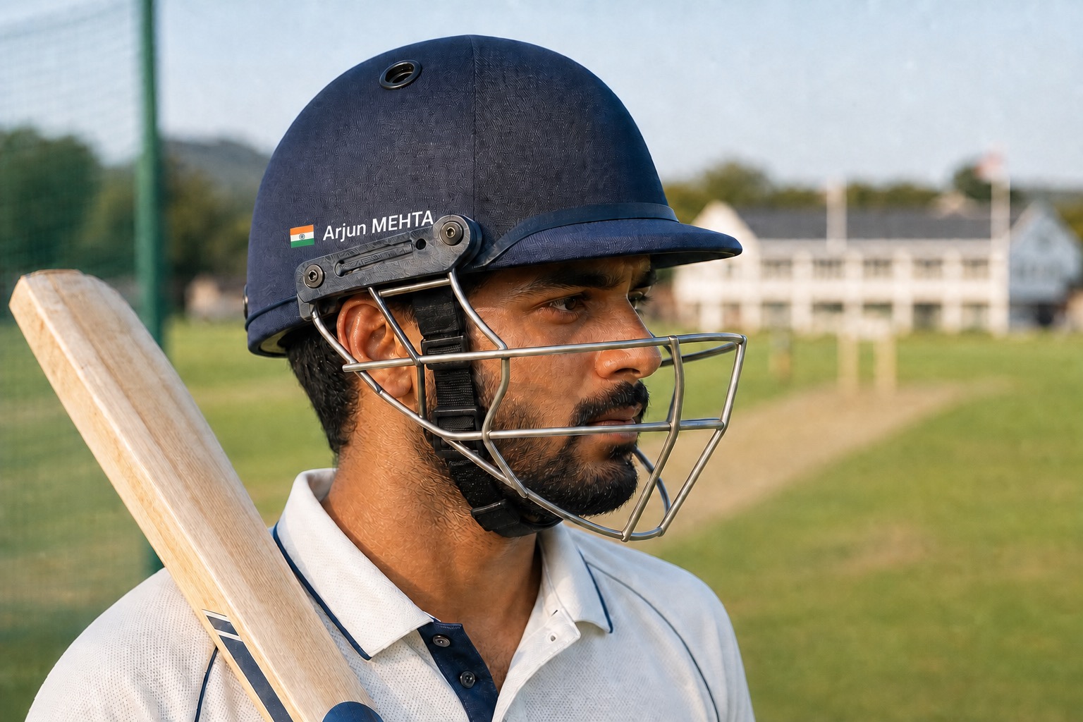 Cricket helmet name sticker with India flag and Arjun MEHTA on a navy batting helmet