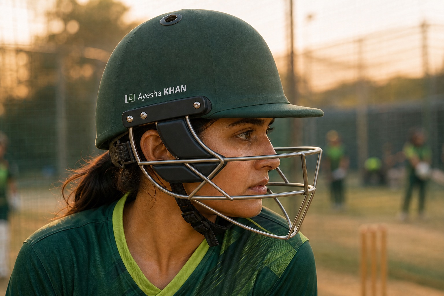 Cricket helmet name sticker with Pakistan flag and Ayesha KHAN on a green batting helmet