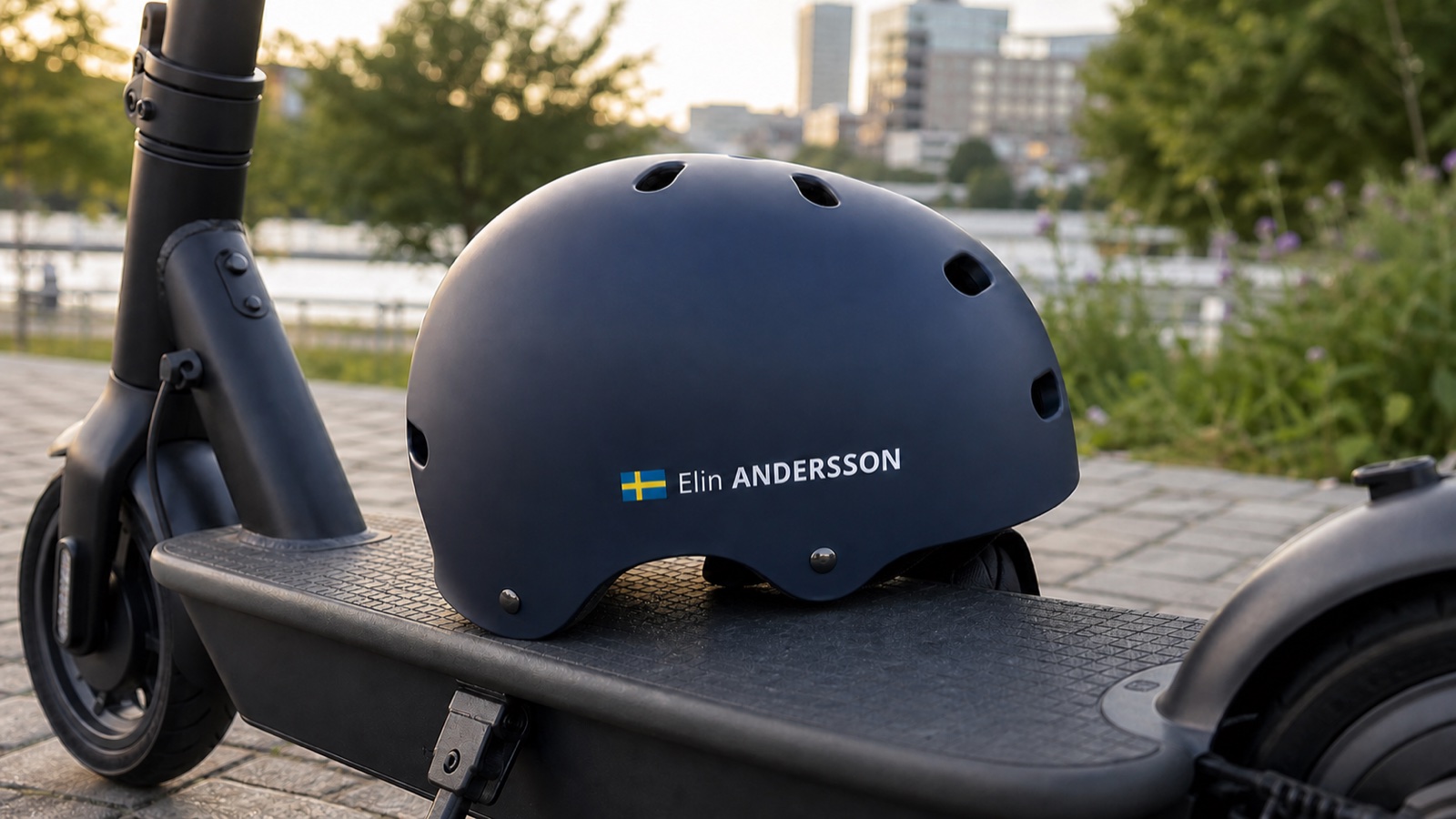 Electric scooter helmet with an Elin ANDERSSON name and Swedish flag sticker