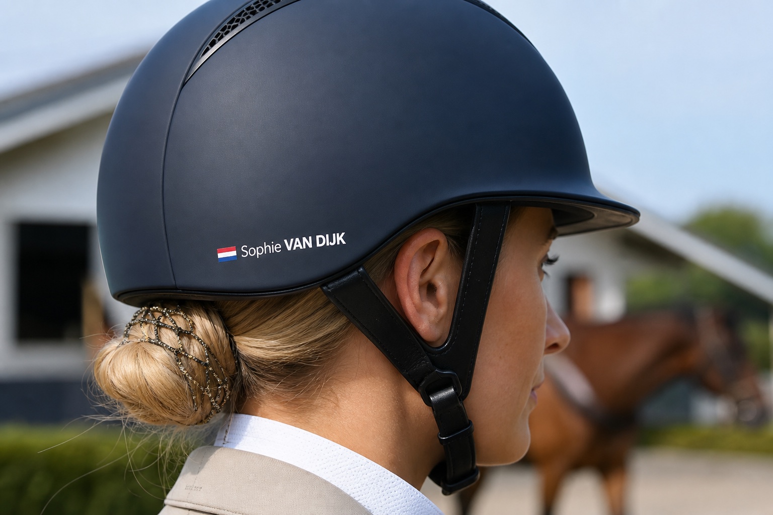 Casco sportivo con adesivo personalizzato con nome e bandiera