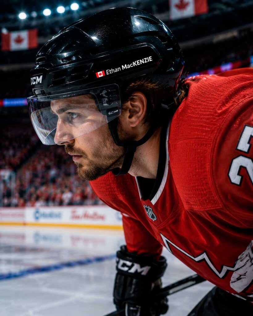 Ice hockey player wearing a personalised helmet