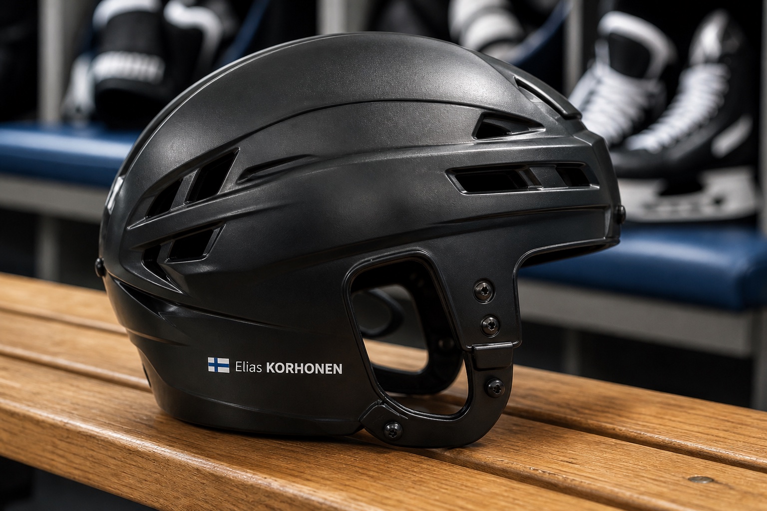 Ice hockey helmet name stickers with Finland flag and Elias KORHONEN on a black player helmet