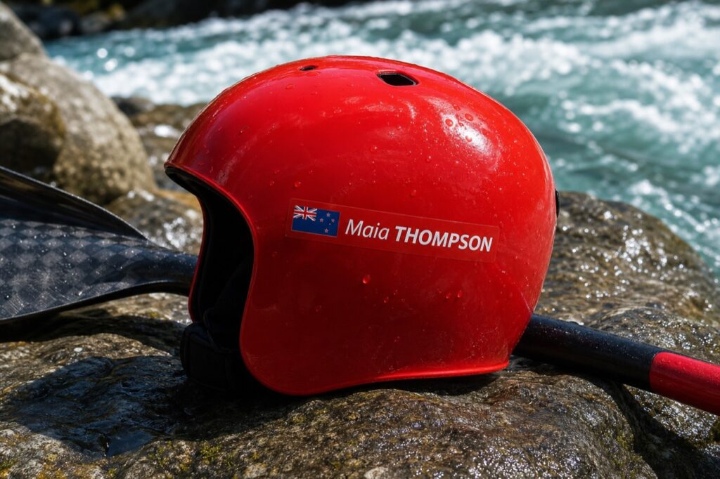 Red whitewater kayak helmet with a personalised Maia THOMPSON name and New Zealand flag sticker