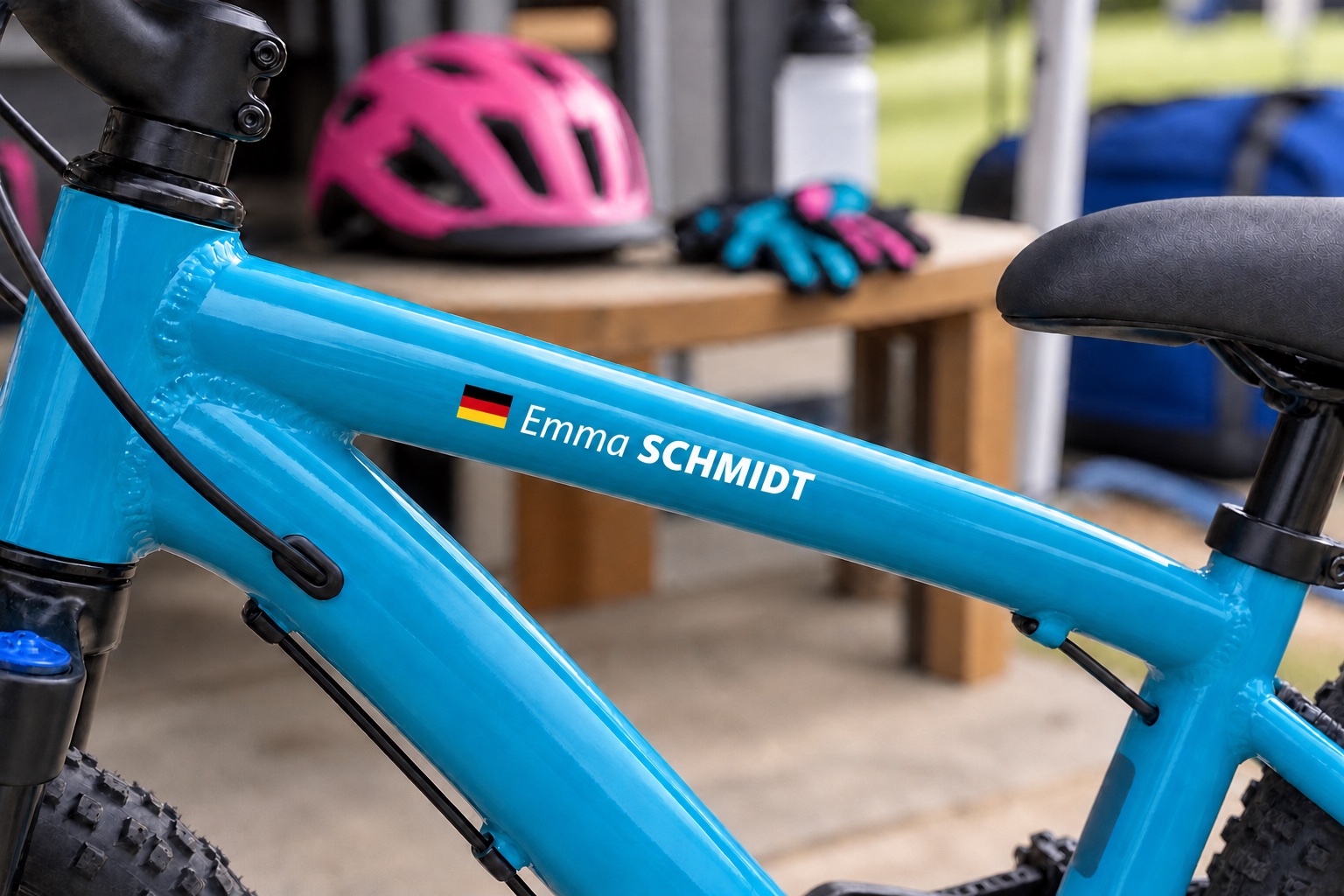 Transparent kids bike name sticker with German flag and Emma SCHMIDT on a blue junior bicycle