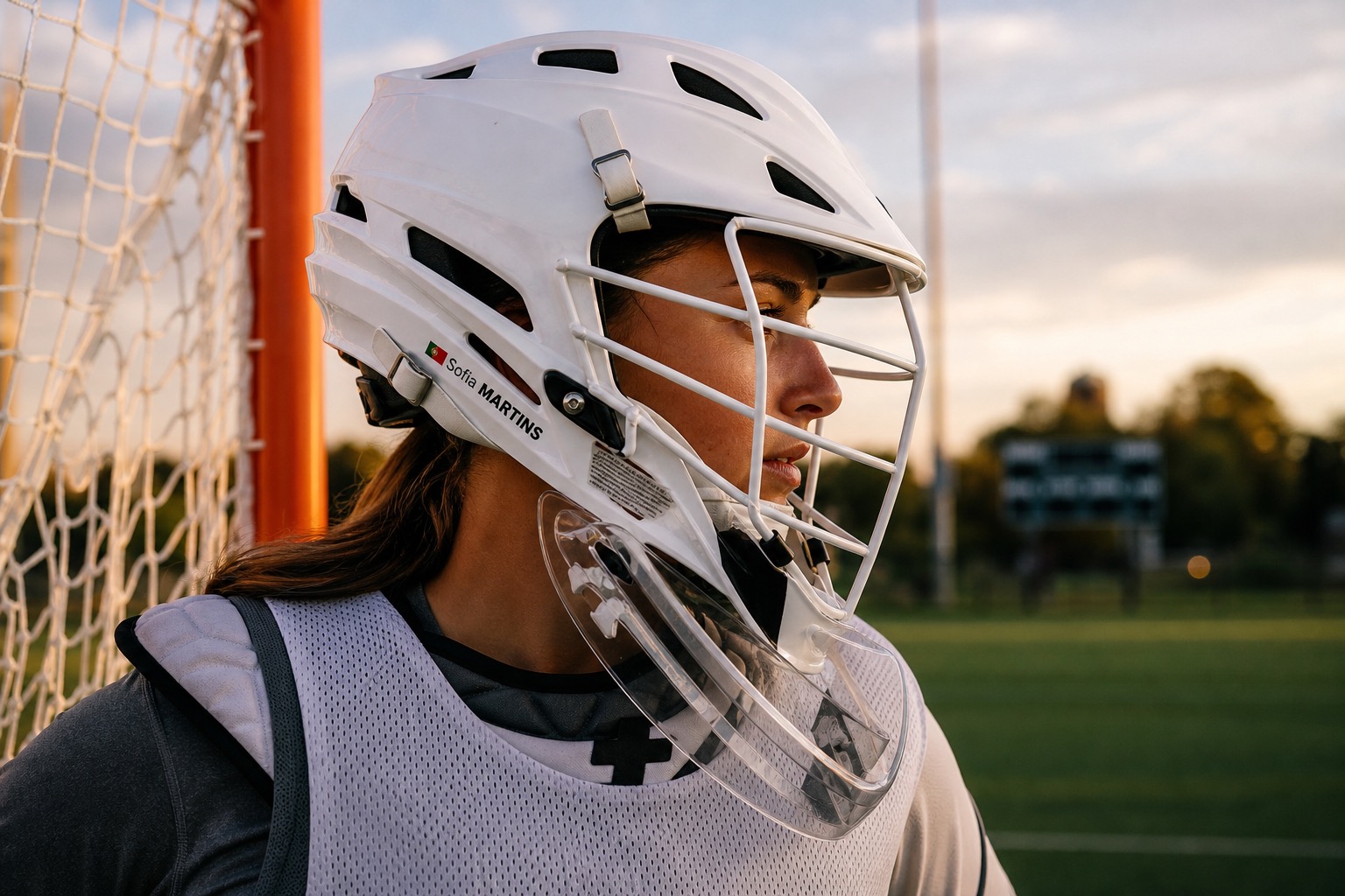 Lacrosse goalie helmet name sticker with Portugal flag and Sofia MARTINS on a white helmet
