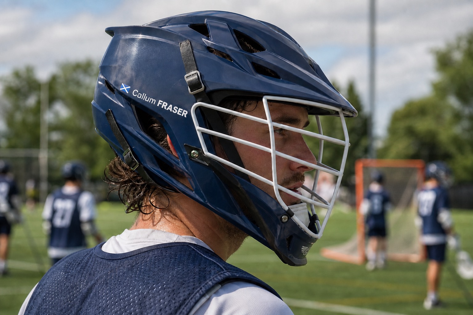 Lacrosse helmet name sticker with Scotland flag and Callum FRASER on a navy helmet