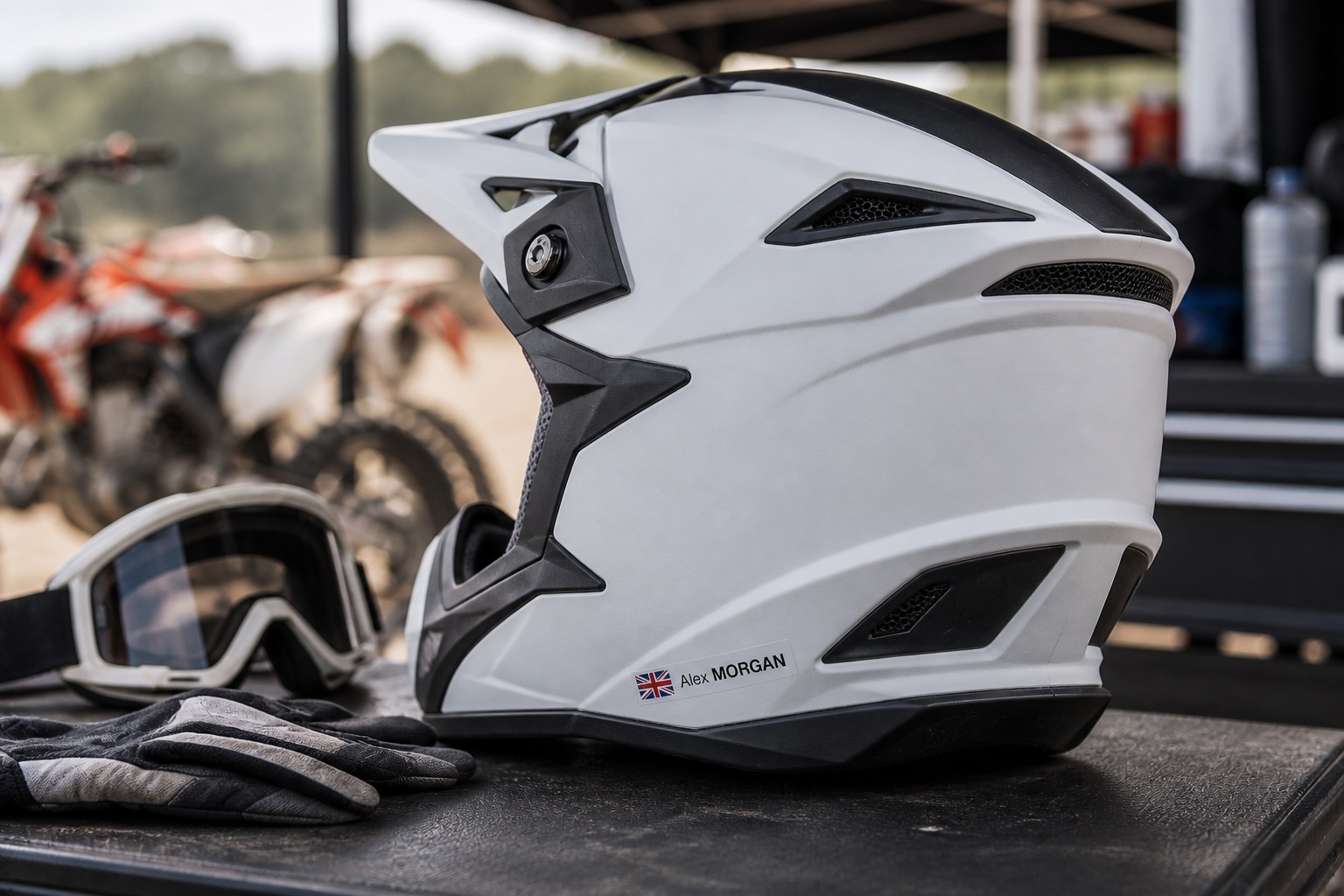 Custom motocross helmet name sticker with UK flag on a safe lower shell area