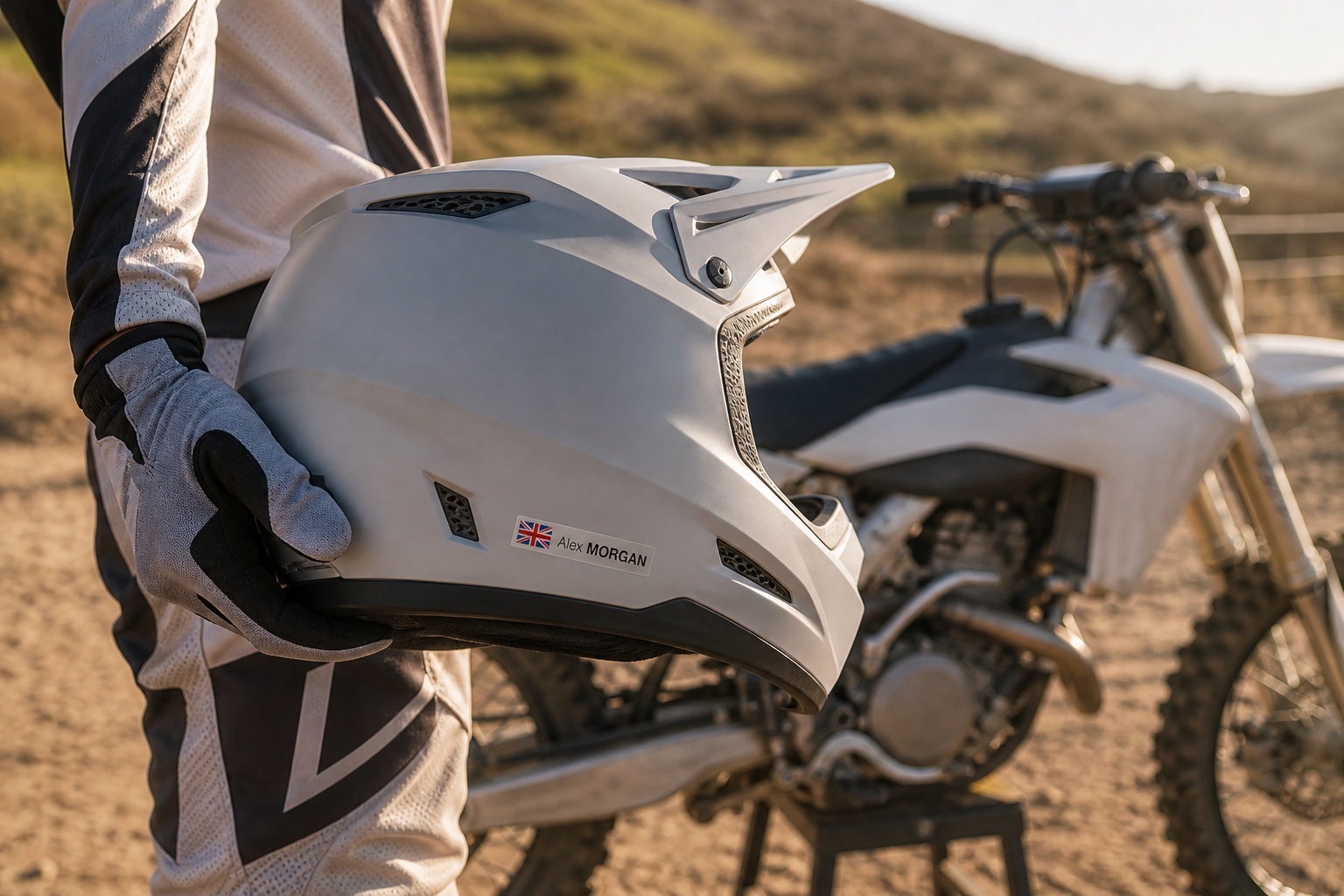 Motocross helmet name stickers with UK flag on a white off-road helmet