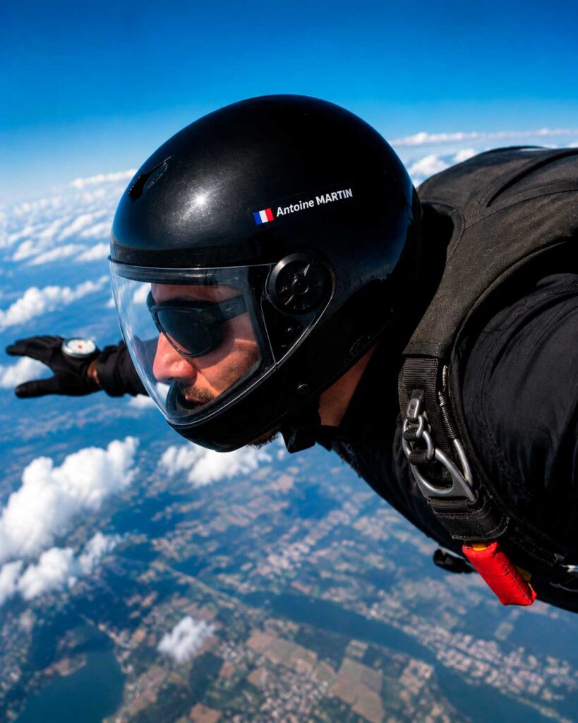 Skydiver wearing a personalised helmet