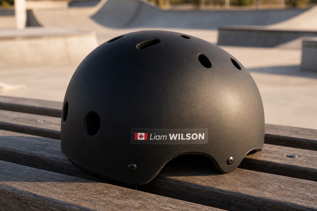 Black skate helmet with a personalised Liam WILSON name and Canadian flag sticker