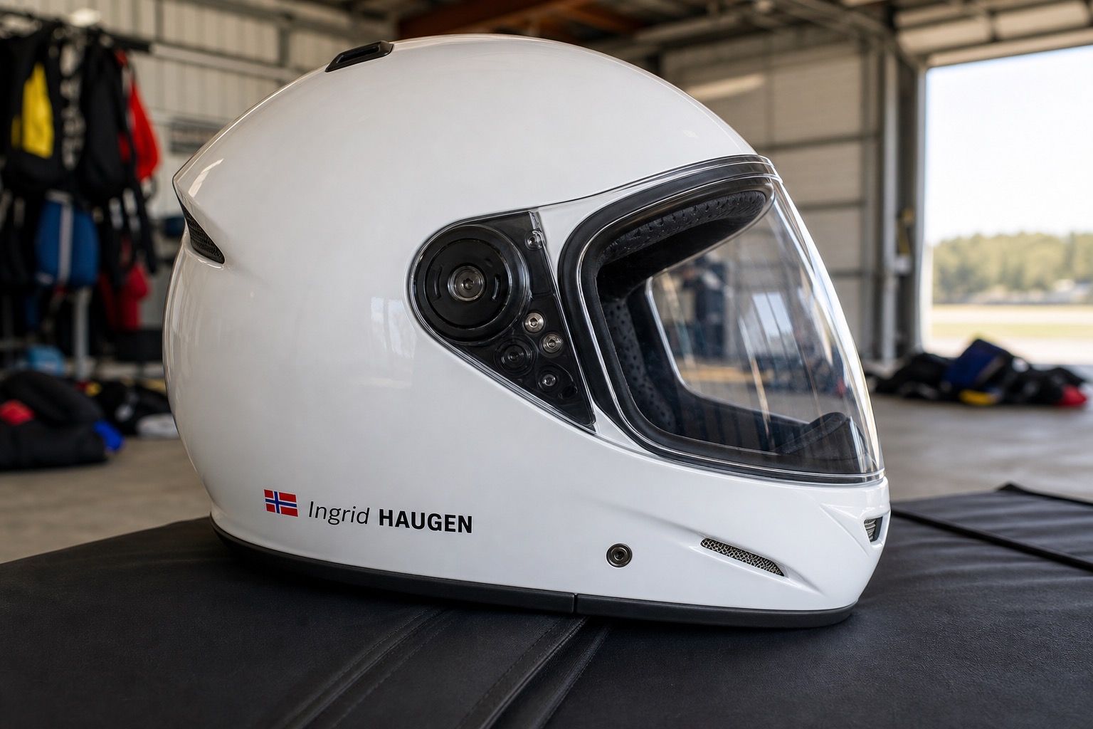 Skydiving helmet name stickers with Norway flag and Ingrid HAUGEN on a white full-face helmet
