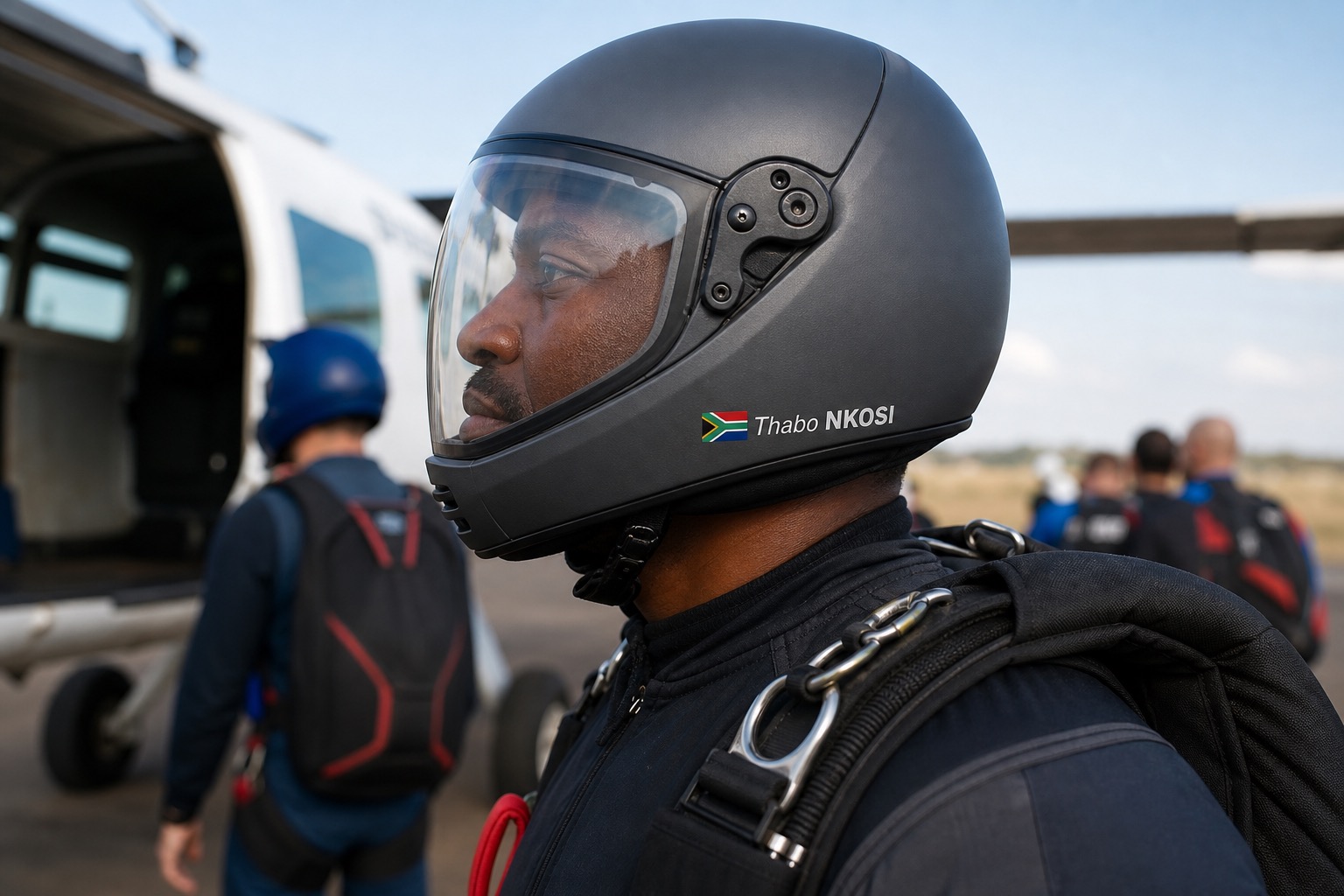 Skydiving helmet name sticker with South Africa flag and Thabo NKOSI on a charcoal helmet