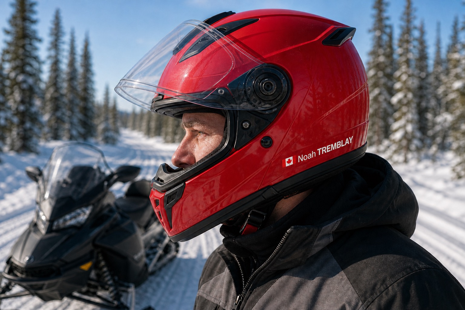 Casque avec autocollant de nom et drapeau canadien correctement proportionné