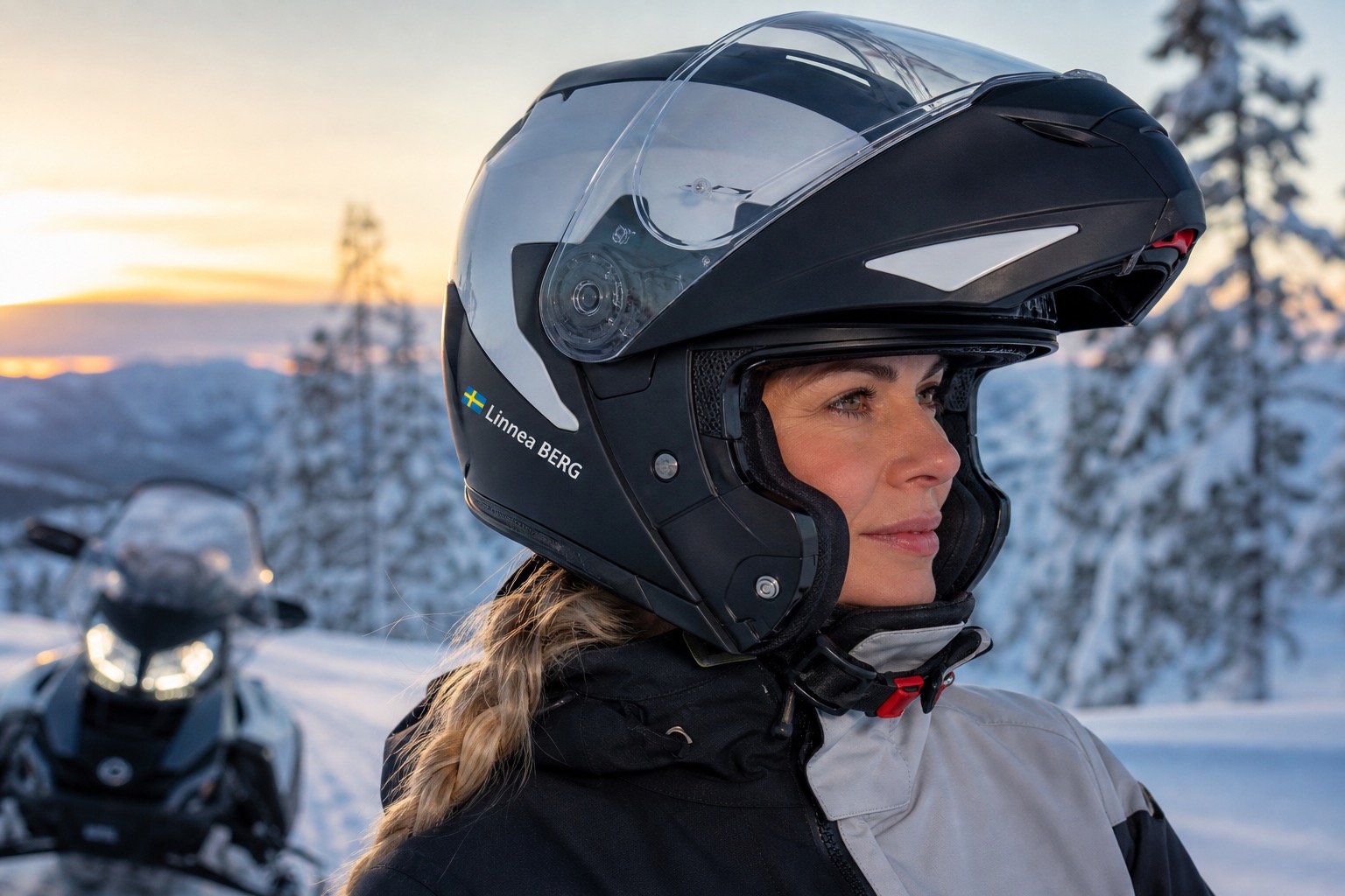 Snowmobile helmet name sticker with Sweden flag and Linnea BERG on a black modular helmet