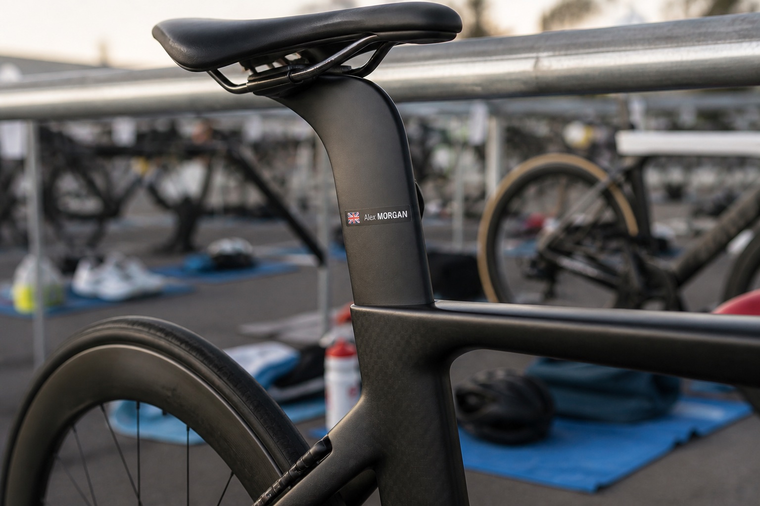 Custom triathlon bike name sticker with UK flag placed safely on the seatpost